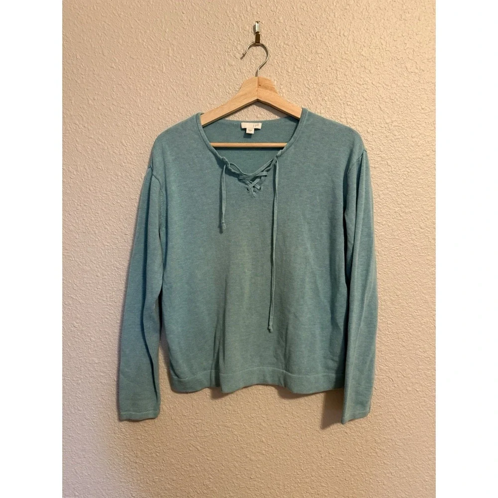 J. Jill Rain Blue Lace Up Front Crochet Open Weave Light Sweater Size Small